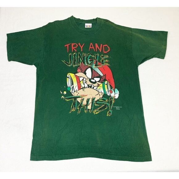 Vintage 1995 Taz T-Shirt Green Christmas Holidays Looney Tunes - Picture 1 of 8